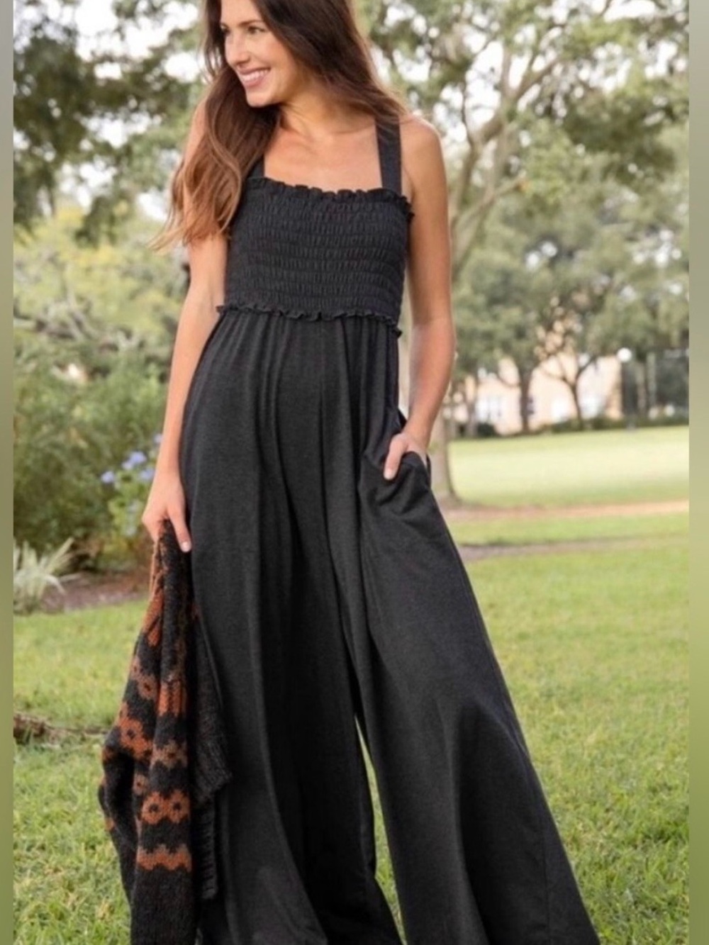 Natural Life Smocked Wide Leg Jumpsuit- XS